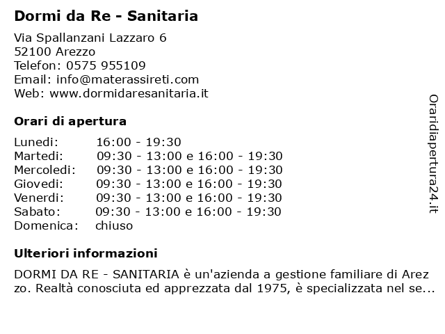 Orari di apertura Dormi da Re Sanitaria Via Spallanzani